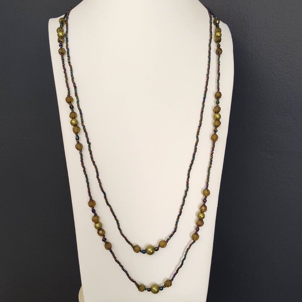 Multi Color Seed Bead And Green Bead Long Double Strand Necklace